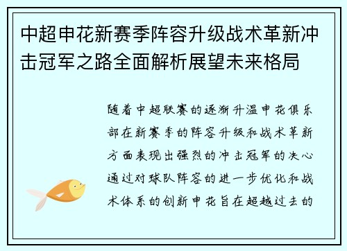 中超申花新赛季阵容升级战术革新冲击冠军之路全面解析展望未来格局